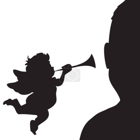 Téléchargez les illustrations : Cupidon sonne une trompette à l'oreille et rappelle les achats pour la Saint-Valentin - en licence libre de droit