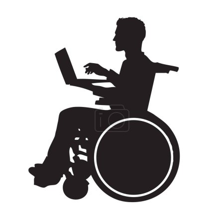 Behinderter Mann im Rollstuhl arbeitet an einem Laptop