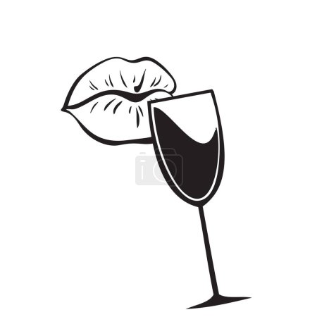 Des lèvres féminines et un verre de vin. Illustration vectorielle.
