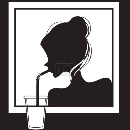 Téléchargez les illustrations : Une fille boit un verre à travers une paille - en licence libre de droit