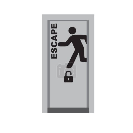 Escape door symbol with inscription and open lock