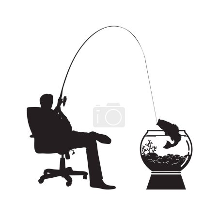 Téléchargez les illustrations : Employé de bureau attrapant du poisson dans un aquarium rond - en licence libre de droit