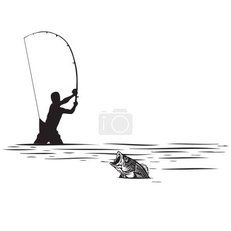 Aventura de pesca incómoda el pescador se pilló en sus pantalones y los peces asoman fuera del agua