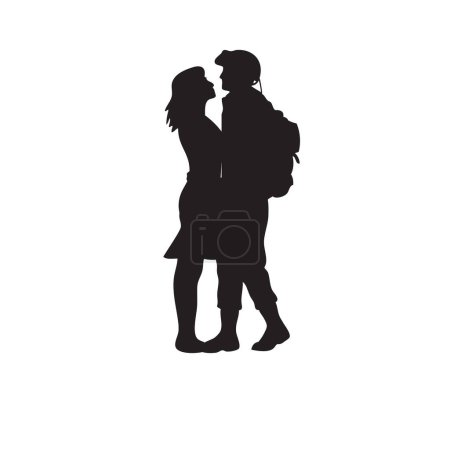 Illustration for A soldier in military ammunition hugs a girl. Vector illustration - Royalty Free Image
