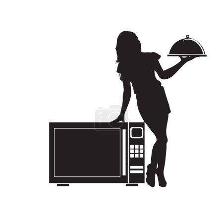 Silhouette of a girl with a microwave and ready-made food