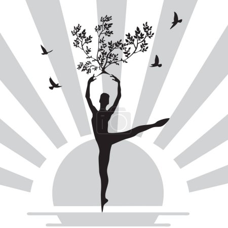 Harmony oriented vector illustration with ballerina and rising sun