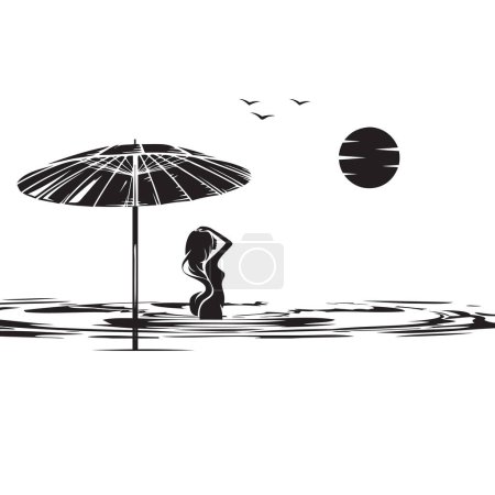 Chica en el agua junto a un paraguas en la playa - Lo suficientemente caliente para Ya
