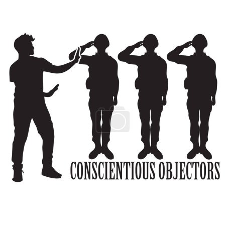 Ilustración vectorial para objetores de conciencia. Un hombre se niega con un gesto del servicio militar.
