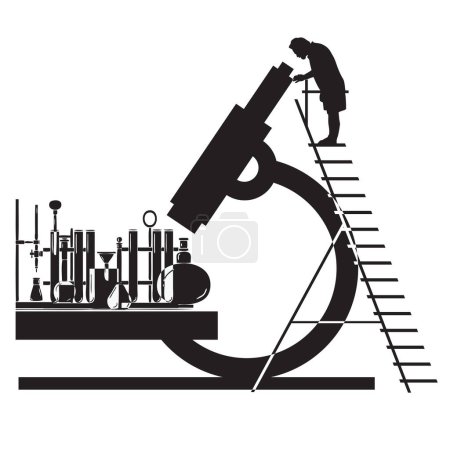 Illustration for Scientist looking through a microscope while standing on a high stepladder in a laboratory - Royalty Free Image
