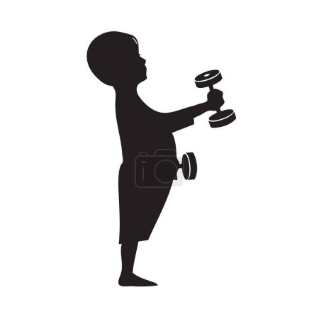 Little boy is doing fitness with dumbbells. Vector illustration.