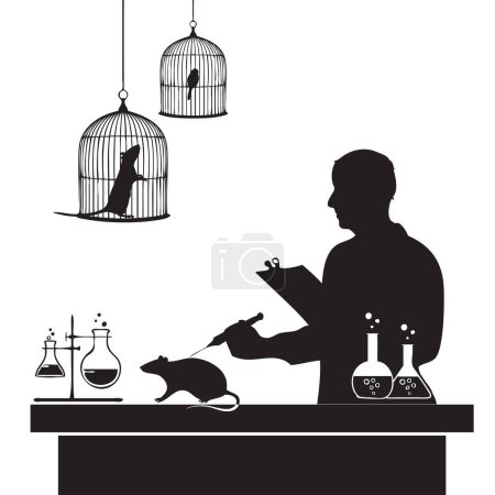 Laboratory with experimental animals and a specialist conducting experiments. Vector illustration.