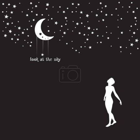 Illustration for A thin girl stands in full growth and looks at the sky - Royalty Free Image
