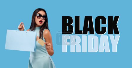 Photo for Black friday sale concept for shop. Shopping girl holding yellow bag isolated on light background - Royalty Free Image