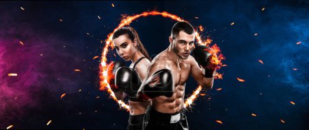 Photo for Boxing concept. Sports betting. Design for a bookmaker. Download banner for sports website. Two boxers on a fiery background - Royalty Free Image