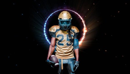 Photo for American Football player on black background. Sports betting concept. Design for a bookmaker. Download horisontal banner for sports website or mobile application. - Royalty Free Image
