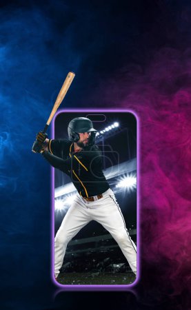 Photo for Porfessional baseball player with bat taking a swing on grand arena. Ballplayer on stadium in action - Royalty Free Image