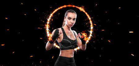 Photo for Street fighter female isolated on black background with copy Space. Action shot. Sport concept. - Royalty Free Image