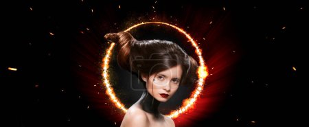 Foto de A girl in a glowing neon circle. Woman in color body painting on her face. Design for a poster for a nightclub or karaoke bar on helloween, - Imagen libre de derechos