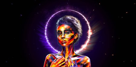 Téléchargez les photos : A girl in a glowing neon circle. Woman in color body painting on her face. Design for a poster for a nightclub or karaoke bar - en image libre de droit