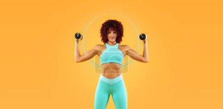 Photo for Download photo for advertising and promotion of gym or fitness club in social networks. Woman with dumbbells - Royalty Free Image