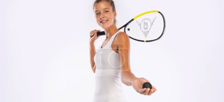 Photo for Squash player with a racket. Beautiful girl teenager athlete on white background. Sport concept. Download a photo for an sports advertising - Royalty Free Image