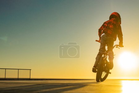 Photo for Teenage BMX rider is performing tricks in skatepark. - Royalty Free Image