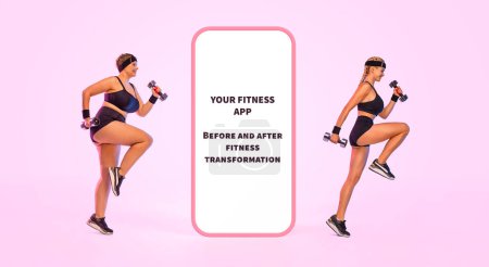 Photo for Before and After Fintess Transormation with Your Application. Design for Mobile App. Women With Big Smartphone. Blank Screen for Copy Space. Girl Recommending Application Or Website - Royalty Free Image