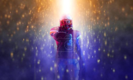 Foto de American football player banner. Template for a sports magazine on the theme of American football with copy space. Mockup for betting advertisement - Imagen libre de derechos