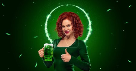 Photo for St Patrick Day. Download a photo in high resolution for advertising a beer party in a bar, night club, cafe or restaurant. Sexy oktoberfest woman with beer on red background with copy space - Royalty Free Image