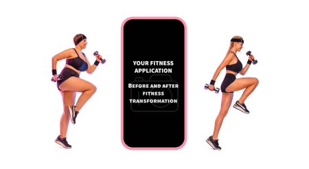 Foto de Before and After Fintess Transormation with Your Application. Design for Mobile App. Women With Big Smartphone. Blank Screen for Copy Space. Girl Recommending Application Or Website - Imagen libre de derechos