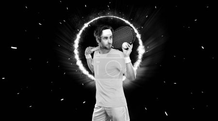 Photo for Tennis player with racket. Download a photo of a tennis player in a neon glow to advertise sporting events. Sports betting online in a mobile application - Royalty Free Image