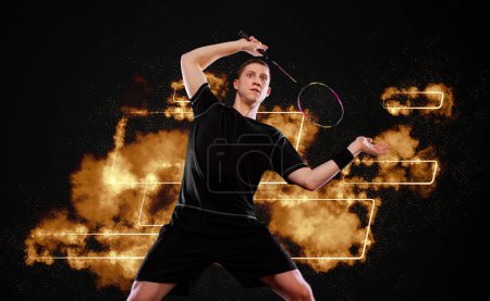 Photo for Badminton player banner with yellow neon lights. Template for bookmaker ads with copy space. Mockup for betting advertisement. Sports betting, tennis betting, gambling, bookmaker, big win. - Royalty Free Image