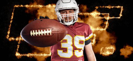 Foto de American football player banner for ads. Template for a sports magazine, websites, articles, outdoor advertisments with copy space. Mockup for betting advertisement - Imagen libre de derechos