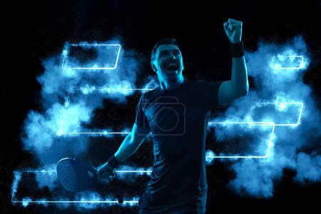 Photo for Padel tennis player with racket. Man athlete with racket on court with neon colors. Sport concept. Download a high quality photo for the design of a sports app or betting site - Royalty Free Image