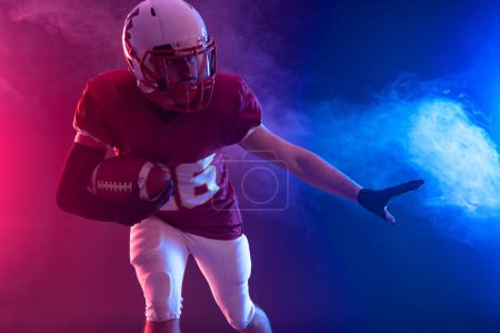Foto de American football player banner for ads. Template for a sports magazine, websites, articles, outdoor advertisments with copy space. Mockup for betting advertisement - Imagen libre de derechos