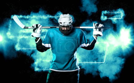 Eishockeyspieler. Laden Sie hochauflösende Fotos für Sportwetten-Werbung herunter. Eishockey-Athlet mit Helm und Handschuhen im Stadion mit Stock. Action shot. Sportkonzept. Sport-Tapete