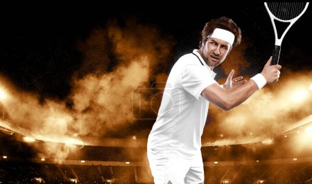 Photo for Tennis player with racket. Download a photo of a tennis player in a neon glow to advertise sporting events. Sports betting online in a mobile application - Royalty Free Image