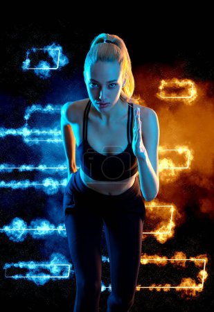 Photo for Runner running. Sprinter run. Strong athletic woman running on black background with neon lights wearing in the sportswear. Fitness and sport motivation - Royalty Free Image