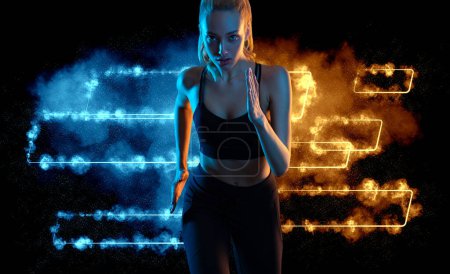 Photo for Runner running. Sprinter run. Strong athletic woman running on black background with neon lights wearing in the sportswear. Fitness and sport motivation - Royalty Free Image