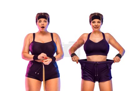 Photo for Before and After Weight Loss Fitness Transformation. Woman was fat but became athlet. Fat to fit concept. Body positive and fitness idea for social media post - Royalty Free Image