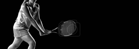 Photo for Tennis player closeup horisontal banner. Beautiful woman athlete with racket tennis court. Sports concept - Royalty Free Image
