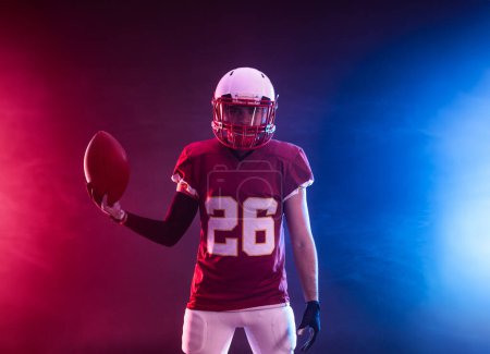 Photo for American football player banner for ads. Template for a sports magazine, websites, articles, outdoor advertisments with copy space. Mockup for betting advertisement - Royalty Free Image