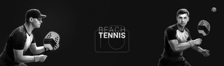 Téléchargez les photos : Joueur de tennis de plage avec raquette. Homme athlète jouer isolé sur fond noir - en image libre de droit