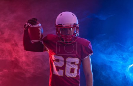 Photo for American football player banner for ads. Template for a sports magazine, websites, articles, outdoor advertisements with copy space. Mockup for betting advertisement - Royalty Free Image
