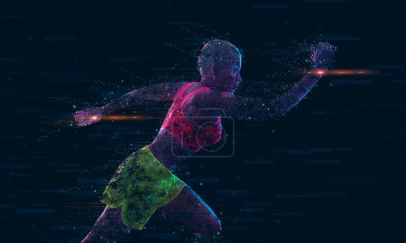 Téléchargez les photos : Une athlète forte, femme sprinteuse, courir sur fond noir vêtue de vêtements de sport, de fitness et de motivation sportive. Concept Runner avec espace de copie - en image libre de droit