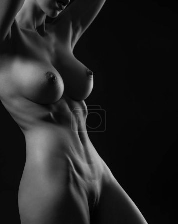 Foto de Cuerpo desnudo. Primer plano de topless sexy hermosa mujer joven con el pecho grande. Mujer desnuda sobre fondo negro - Imagen libre de derechos