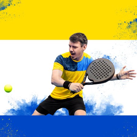 Tennis player on the sky background outdoors. Tennis template for bookmaker design ads with copy space. Mockup for betting advertisement. Sports betting on tenis.