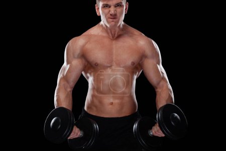 Photo for Athletic shirtless young sports man - fitness model with barbell in gym. - Royalty Free Image