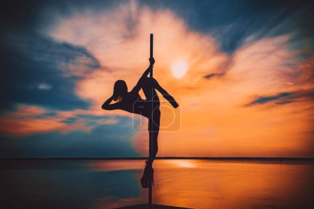Photo for Young woman pole dancing on sunset background, contrast silhouette - Royalty Free Image