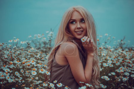 Photo for Young woman portrait on summer field with chamomiles - Royalty Free Image
